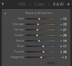 Working with the Black & White Mix Settings in Lightroom